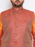Vastramay Men's Plus Size Maroon Woven Nehru Jacket With Orange Kurta And Pyjama Set